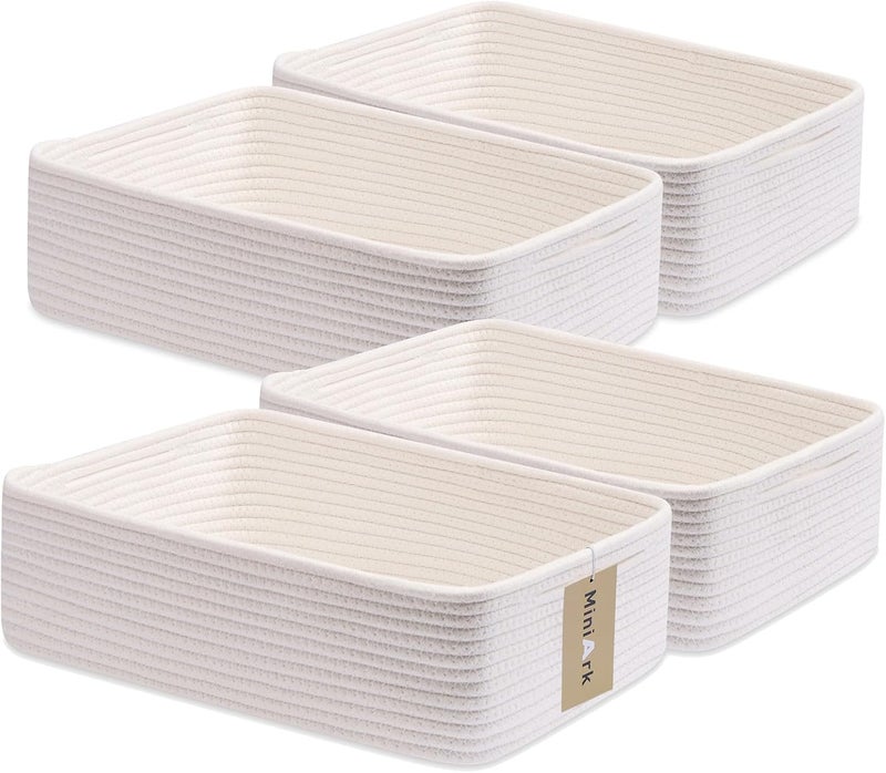 MiniArk Large Shallow Organizing Baskets 15x11x5.1 Inches - Rope Woven Storage Bins for Bathroom, Shelves, Cube Closet, Off White 4 Packs - Image 1